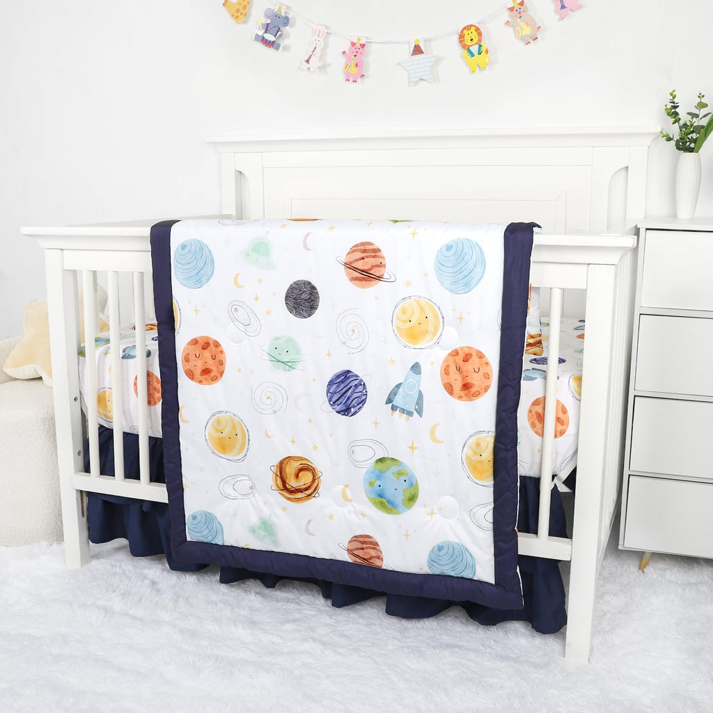 3 Piece Baby Crib Bedding Set for Boys, Planets