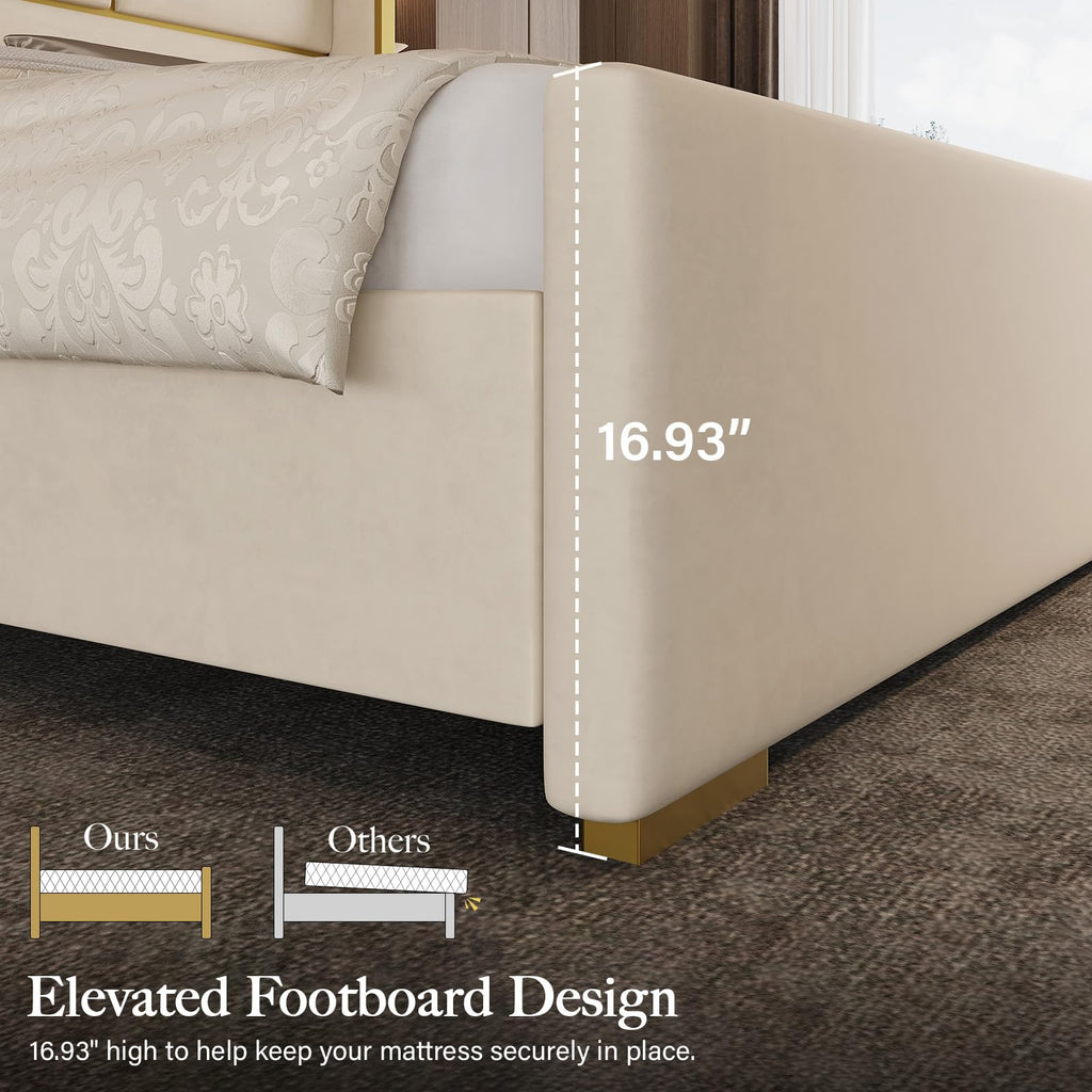 King Size Bed Frame with Gold Trim Headboard, 66.9" Tall Bed, Beige