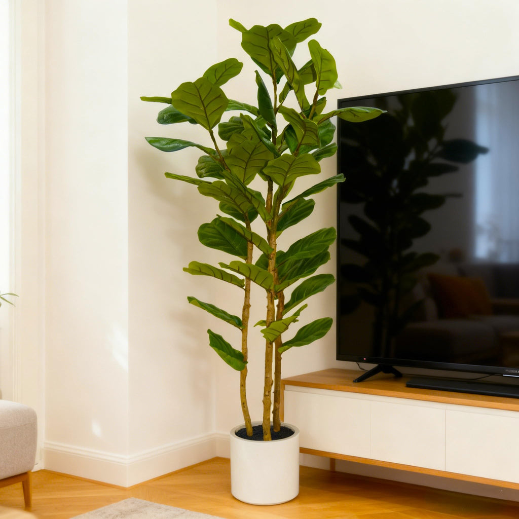 Artificial Fiddle Leaf Fig Tree 5FT with White Tall Planter-Large Faux Tree Tall Fake Floor Plant in Pot, Artificial