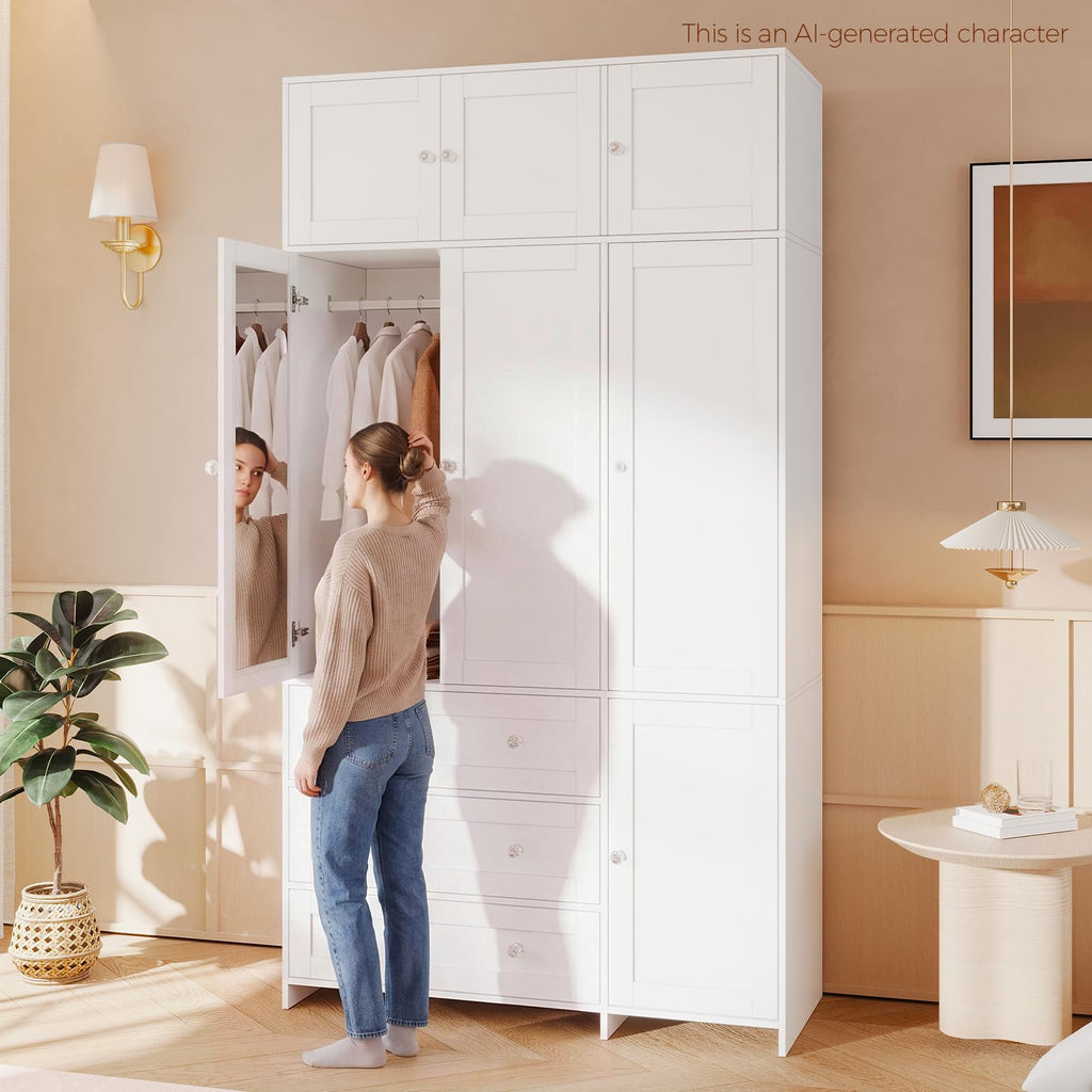 87" H Armoire Wardrobe Closet with Overhead Cabinets, Mirror & Rod