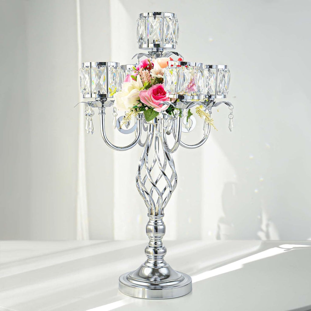 23.2 inch Tall Elegant and Chic 5 Arm Pendant Crystal Candlestick Holder Table Decoration tealight Candle Holder