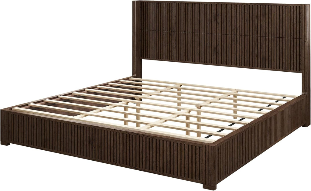 Retro Bed Frame with Tall Headboard, Mid Century Walnut Solid Wood Platform Beds Frames, 10 Strong