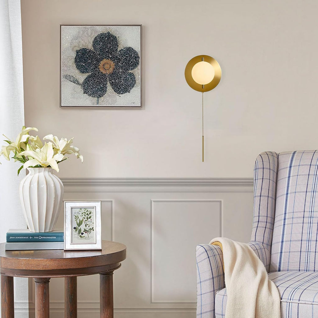 Modern Gold Pull Chain Wall Sconce with Milk Glass Globe Shade | Glass Wall Light, Vintage, G9 Base, Bedroom, Living