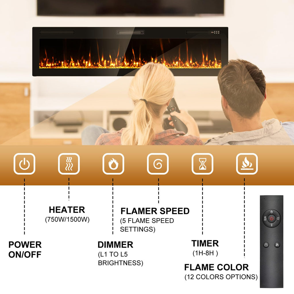2025Newly Upgraged 72 inch Ultra Thin Electric Fireplace Inserts and Wall Mounted with Remote Control & Touch Screen