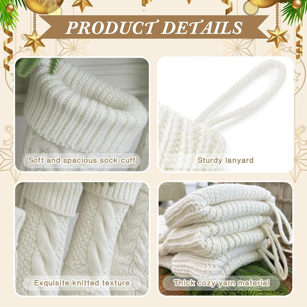 White Farmhouse Christmas Stockings - Rustic Boho Vintage Cable Knit Set, Includes 3 Small 15" and 2 Large 18" - Set of 5