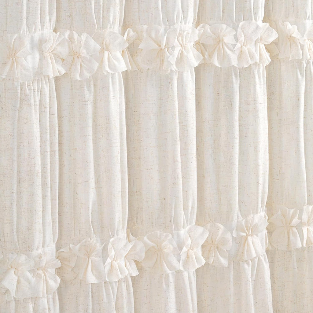 Ruffle Shower Curtain with Bow Vintage Farmhouse Linen Shower Curtain , Cream, 72" W x 72" H