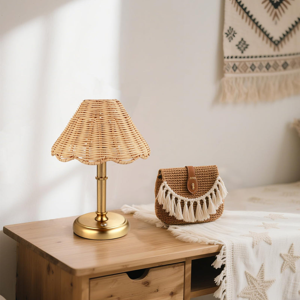 Mini Cordless Boho Rattan Table lamp, 5200-mAh Rechargeable Battery, 3-Level Brightness Dimmable, Build-in Integrated