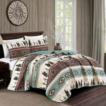 WPM Western Teal/Beige/Burgundy Cowboy Desert Southwestern Print Bedspread 3 Piece west Theme Cabin Lodge Ranch