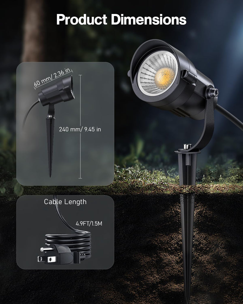 12W Spot Lights Outdoor 110V to 120V Landscape Lighting Waterproof Spotlight with 4.9ft 3-Plug LED Plug in Landscape