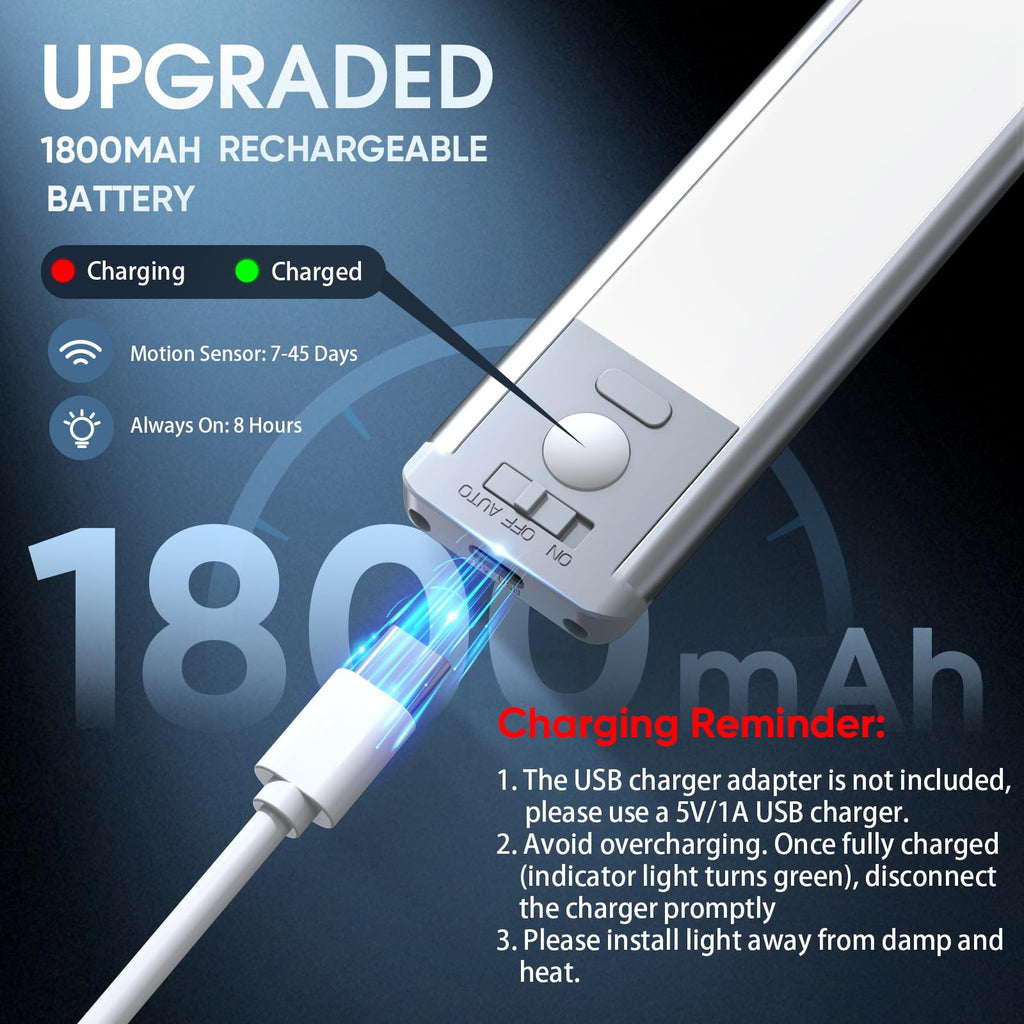 10inch Under Cabinet Lighting, 2 Pack Rechargeable Motion Sensor Light Indoor, 5 Levels Dimmable Magnetic Closet