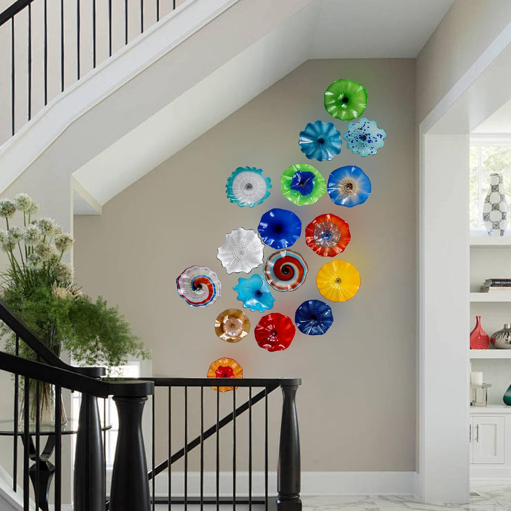 Blue Hand Blown Art Glass Wall Decor, Modern Blown Glass Wall Art, Wall Decoration Platters, Staircase, Living Room