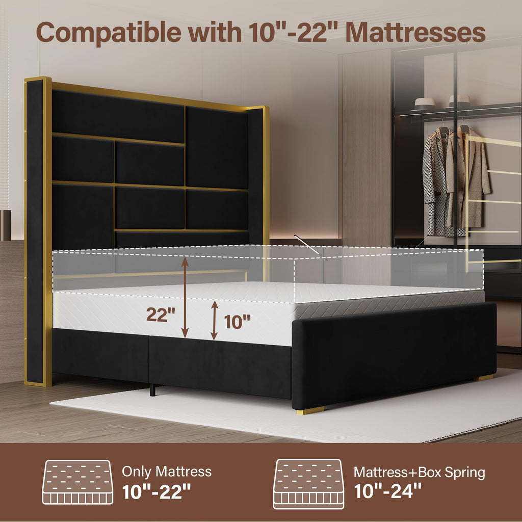 King Size Bed Frame with Headboard, 66.93" Tall Bed, Black and Gold