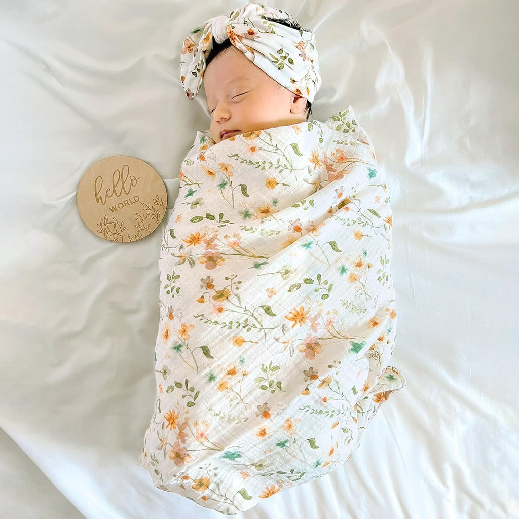 Newborn Swaddle Set with Matching Hat and Bow Set, Wooden Birth Announcement Card, Floral Baby Girl Newborn Receiving