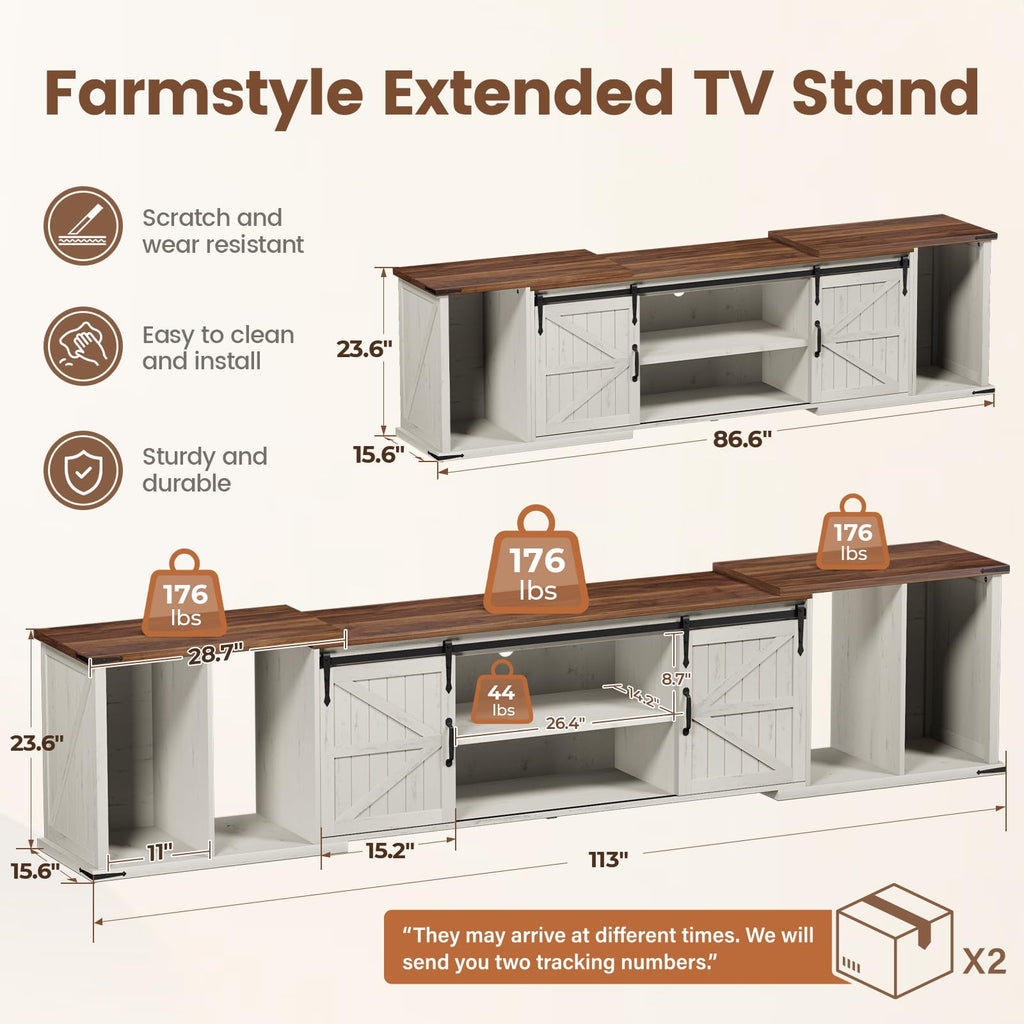 Extendable TV Stand, Entertainment Center for 85 95 105 Inch TV, Farmhouse TV Stand with Large Capacity Storage and