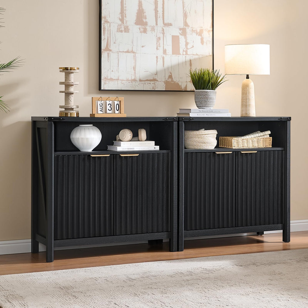 32 Inch Fluted Sideboard Buffet Cabinet, Black Oak