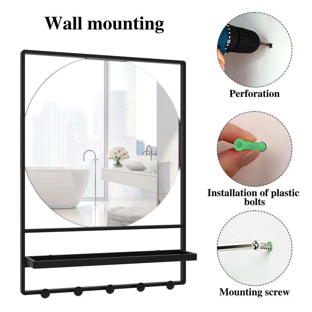 Wall Mirror with Shelf and Hooks, 21" X 28" Metal Framed Bathroom Mirror with Shelf, Decorative Mirror (Black, 21 x