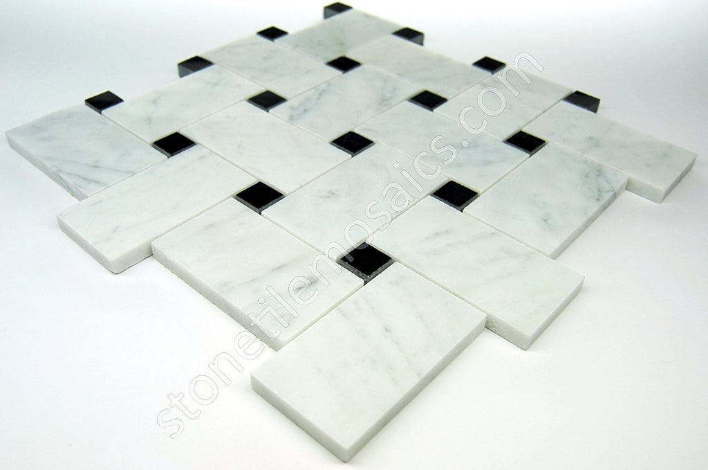 Italian White Bianco Carrera Large Size Big Basketweave Mosaic Tile with Nero Black Dots Honed
