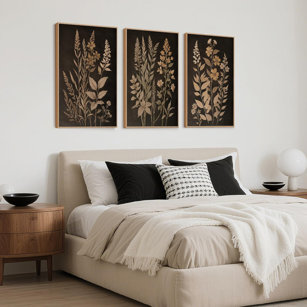 Vintage Botanical Fern Framed Canvas Wall Art Set, Black and Tan Plant Leaves Wall Decor, Modern Farmhouse Art