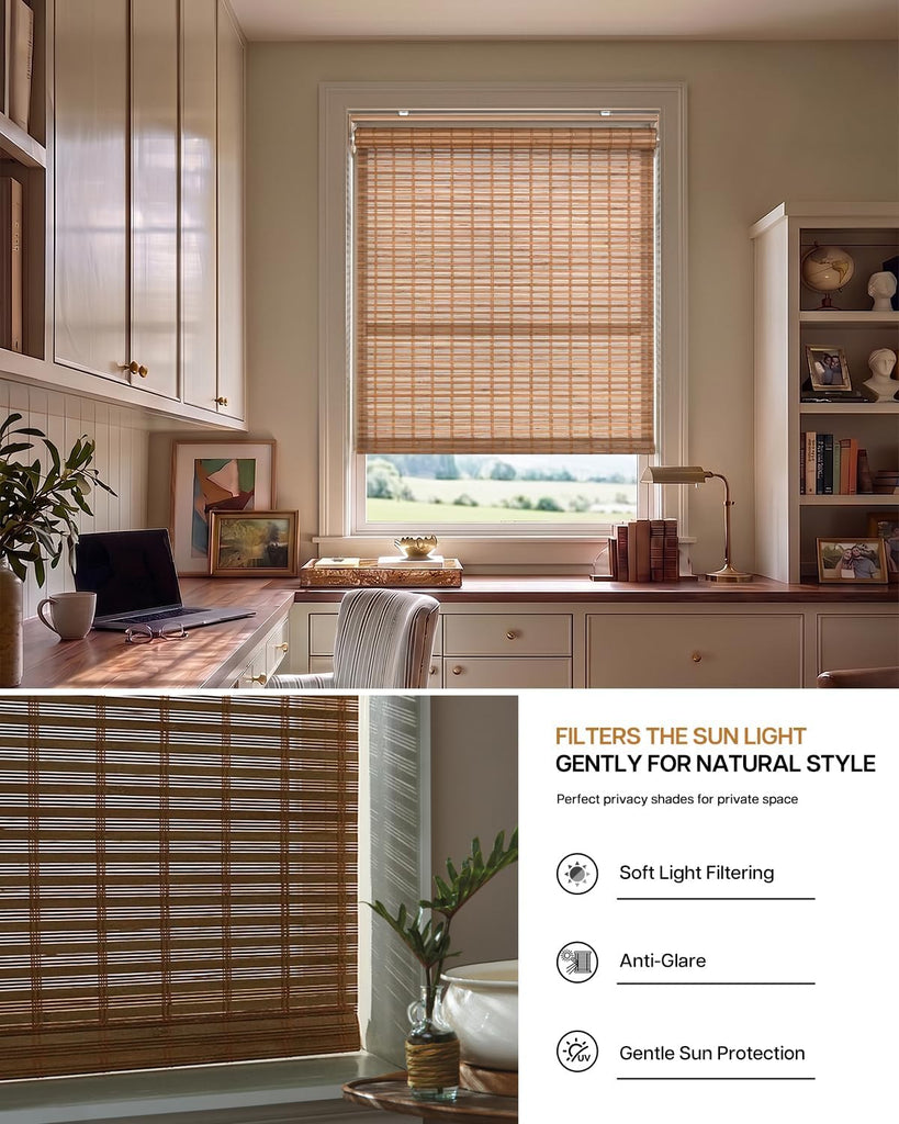 Cordless Bamboo Roller Shades, 34" W x 70" H, Squirrel | Natural Light Filtering Bamboo Window Blinds, Bamboo Roll Up