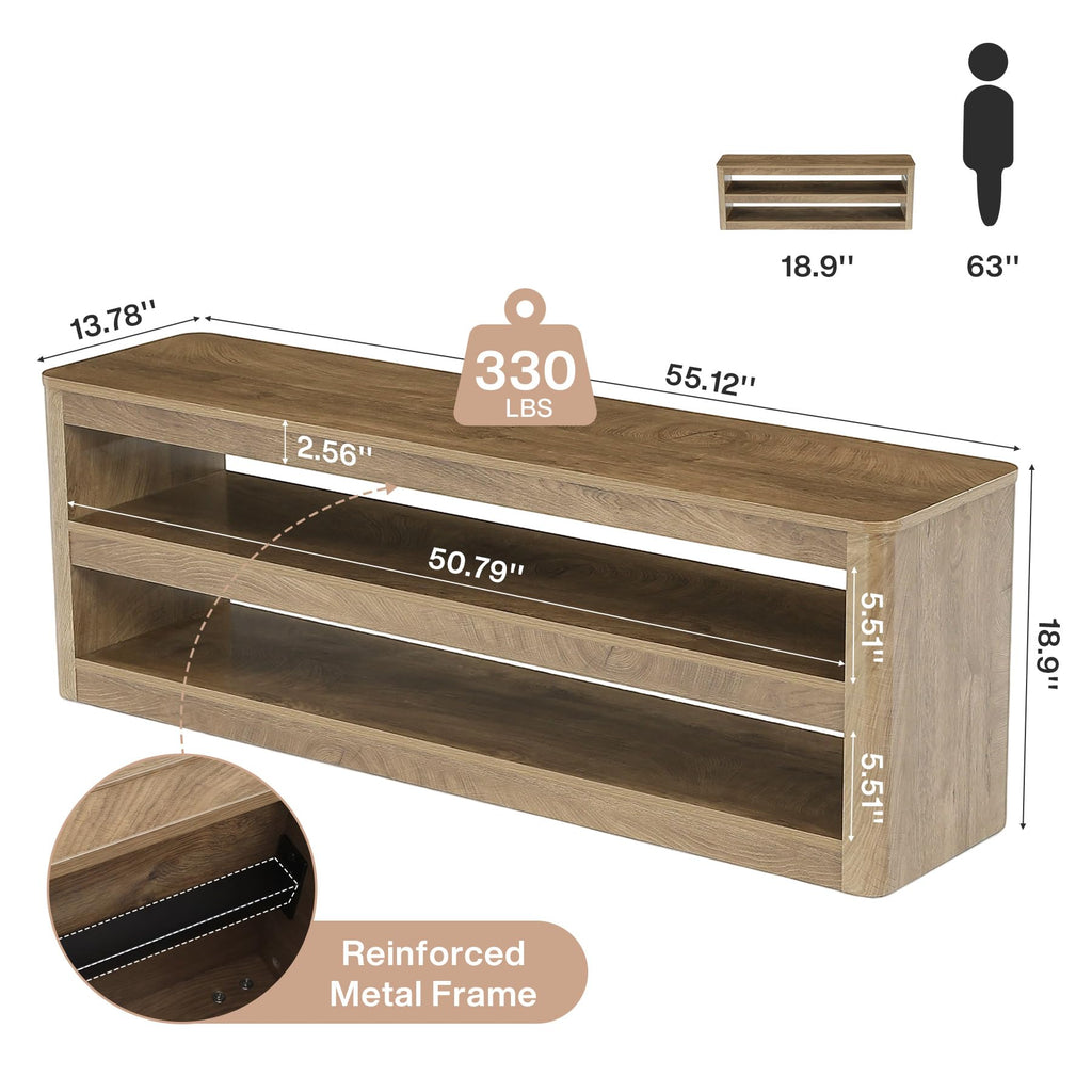55" Farmhouse Entryway Bench, 3-Tier Open Storage Shoe Bench with Rounded Corners, Wood Look Indoor End of Bed Seat