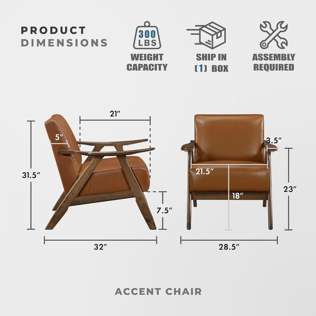 Faux Leather Accent Chair with Walnut Wood Frame, Brown