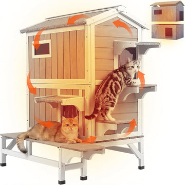 Insulated Outdoor Cat House for 2-3 Cats, 2-Story Wooden Shelter
