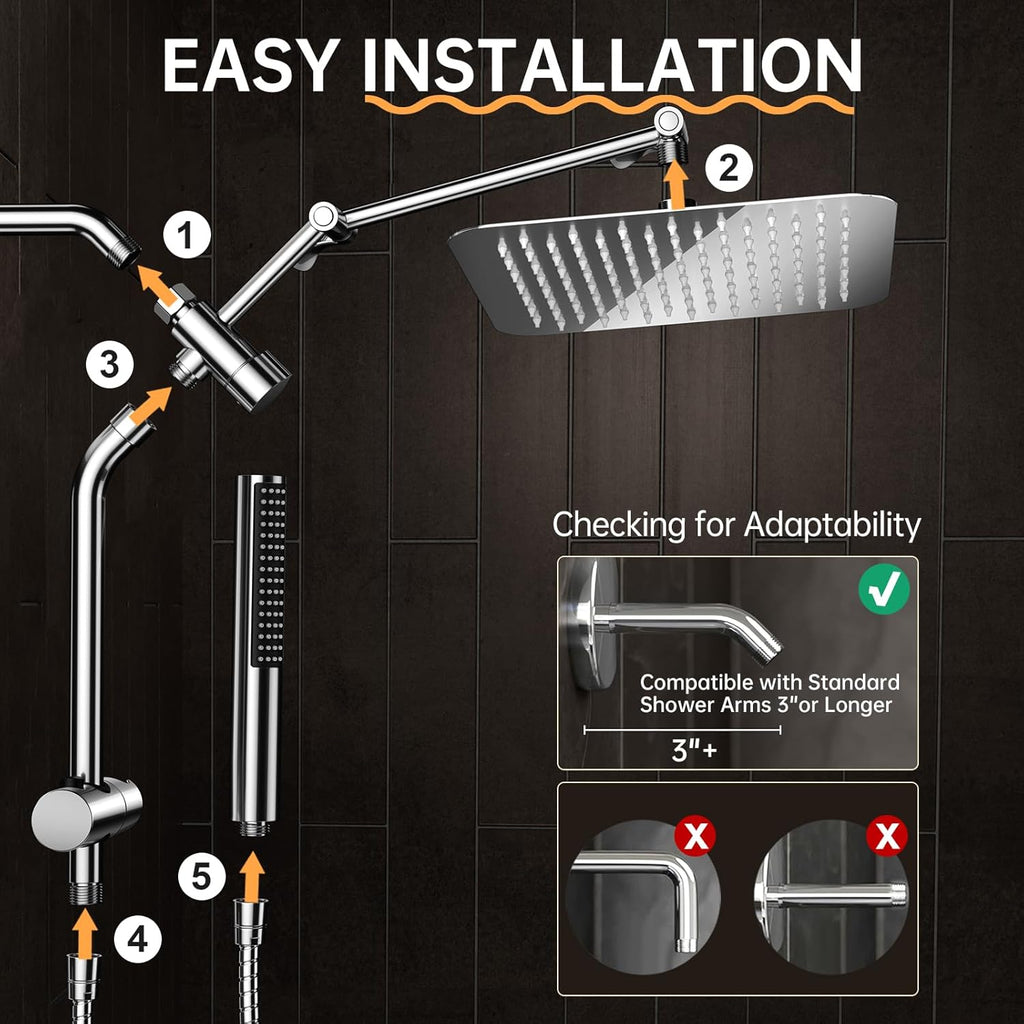 All Metal 10" Shower Head with Handheld, Luxurious Square Double Rain Shower Heads,Power Wash Wand,Dual High Pressure