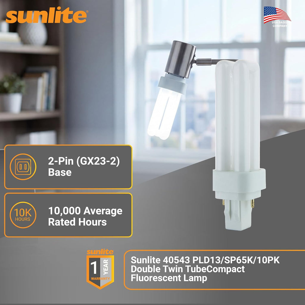 Double Twin Tube Compact Fluorescent Lamp, PLD 2-Pin, 13 Watts, 660 Lumens, 6500K Daylight, 2-Pin
