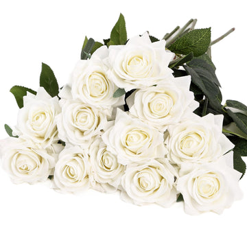 12pcs Real Touch White Roses Artificial Flower Lifelike Rose