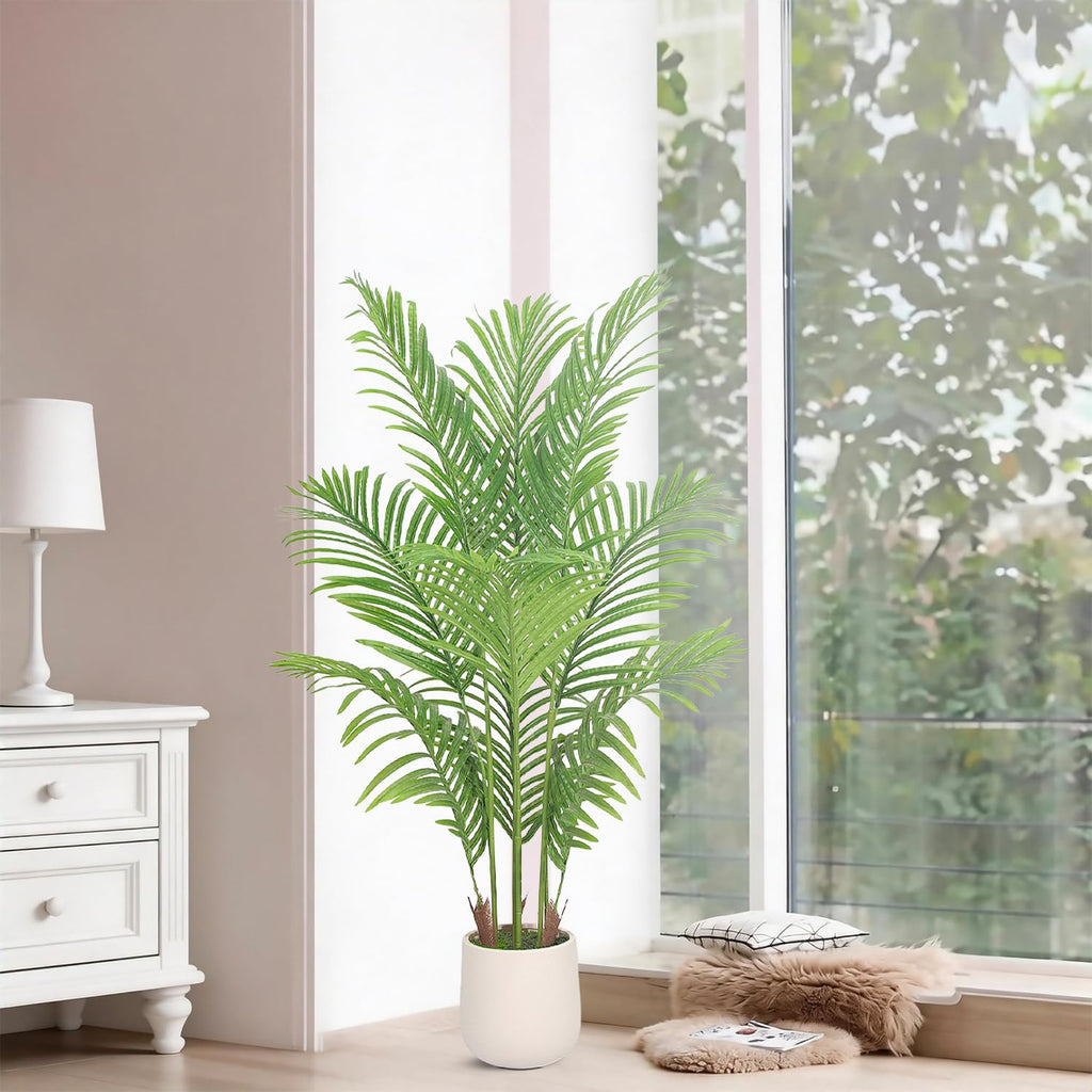 Artificial Palm Tree 4FT with White Planter, Faux Tropical Areca Floor Plant with Lifelike Green Leaves, Indoor Faux