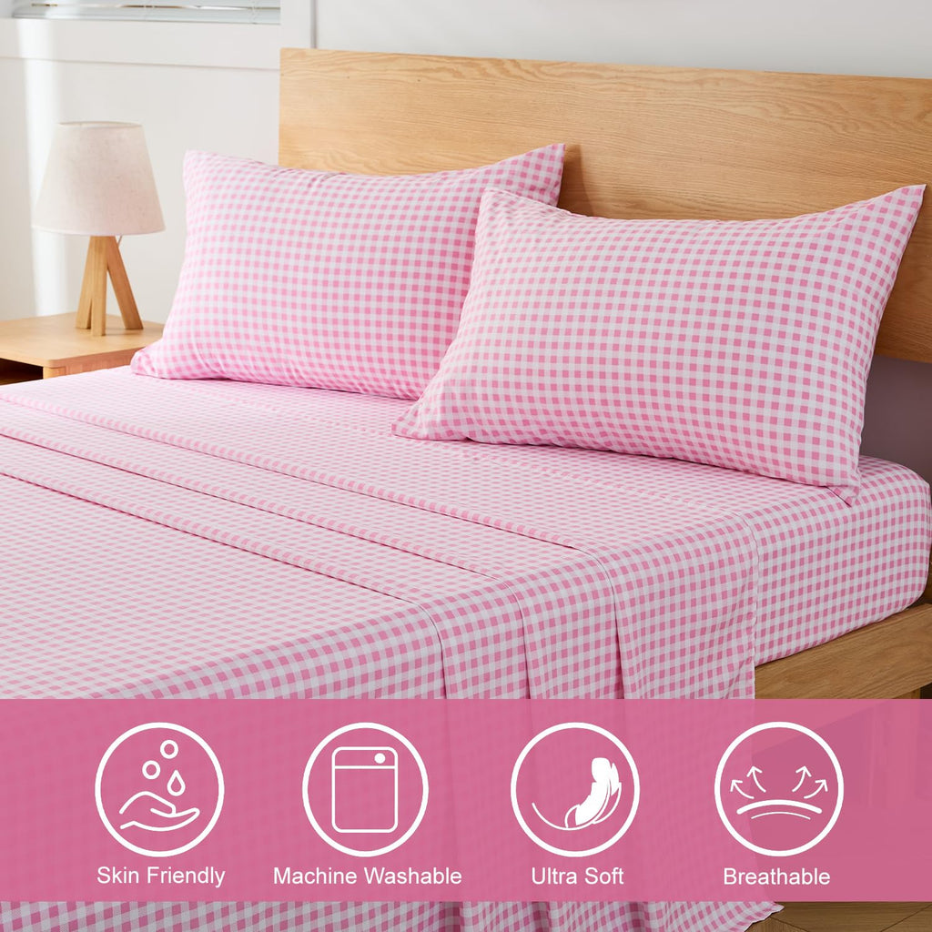 Pink Gingham Sheet Set, 4-Piece Soft Brushed Microfiber Bed Sheets - 16" Deep Pocket Fitted Sheet, Wrinkle &