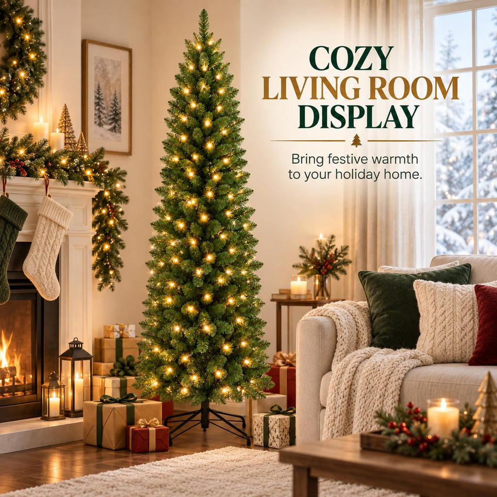 9FT Slim Pre-Lit Artificial Pencil Christmas Tree&Warm White Lights