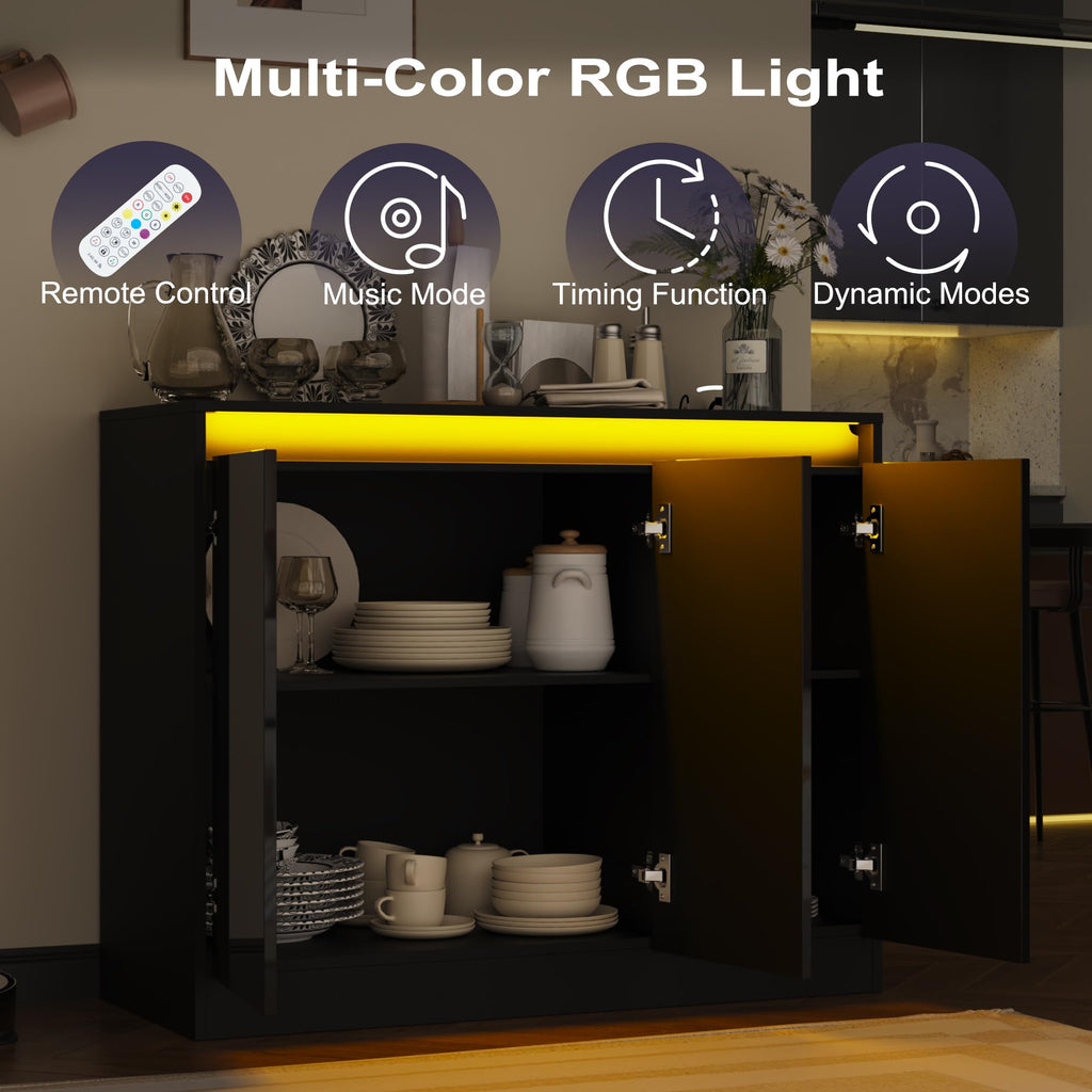 High Gloss Buffet Cabinet with LED Lights & Charging Station, Black