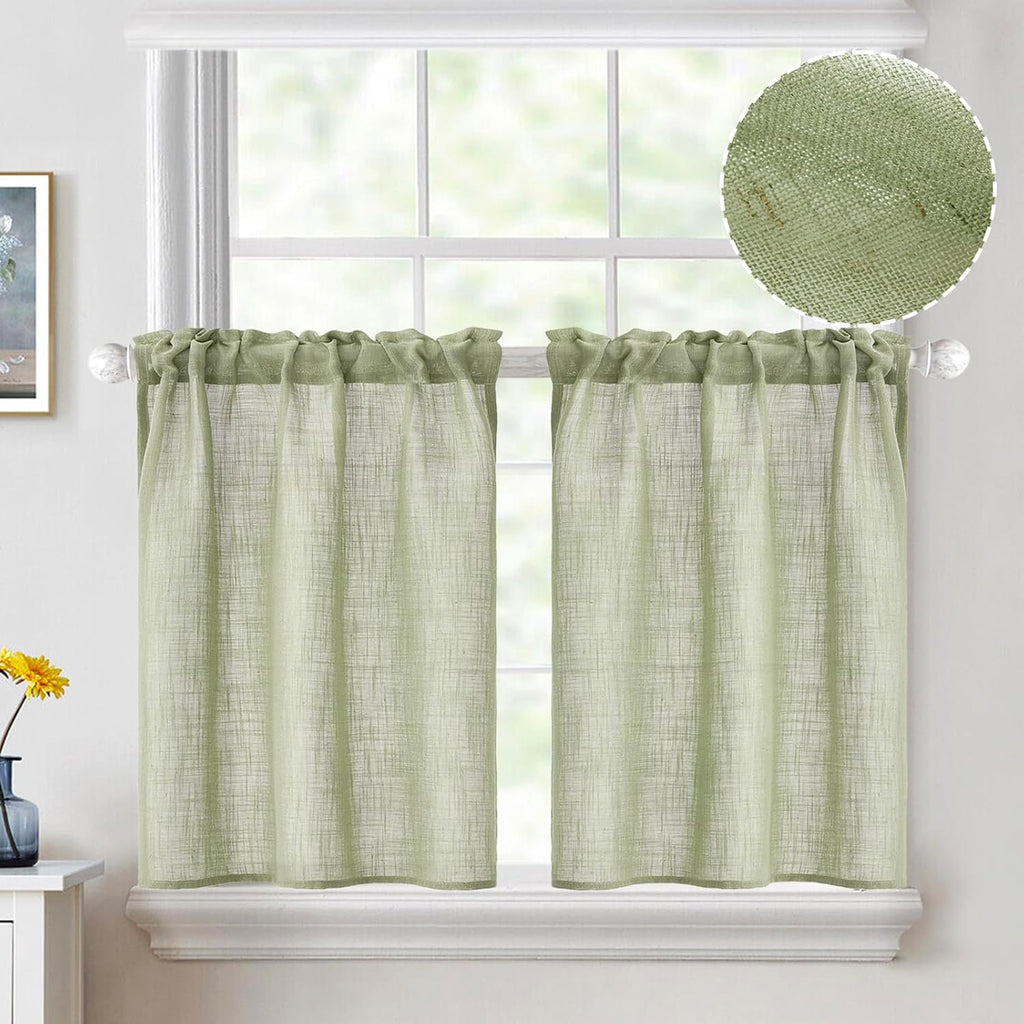 Spring Linen Textured Kitchen Window Curtains over Sink 24 Inch Length Semi Sheer Farmhouse Small Curtains for Cafe