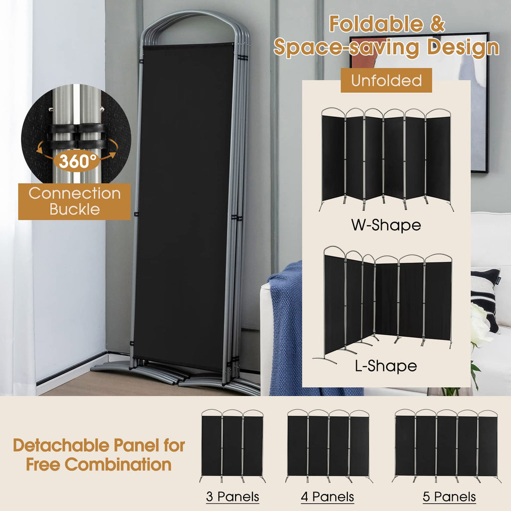 6-Panel Folding Room Divider Privacy Screen, 130" x 74", Black