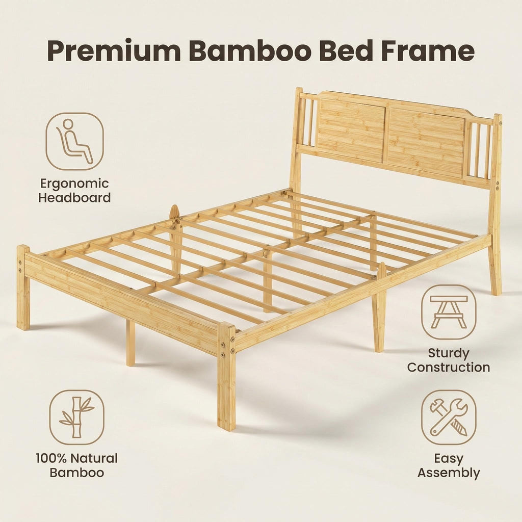 Bamboo Full Bed Frame with Headboard, 14 inch Wood Platform Bed Frames Full Size No Box Spring Needed, Rustic