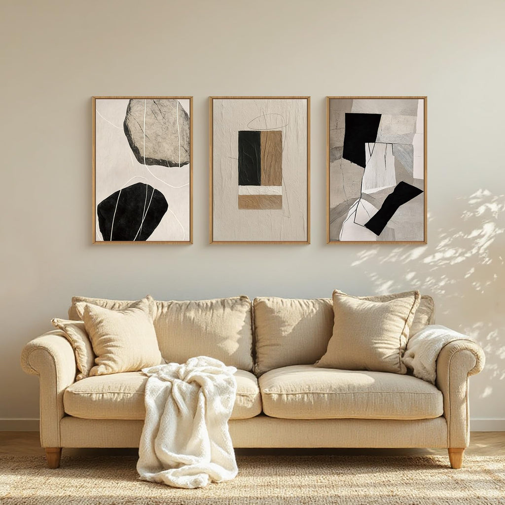 Large Neutral Abstract Wall Art Set of 3, Framed Modern Canvas Paintings, Beige Black White Prints Artwork, 24x36