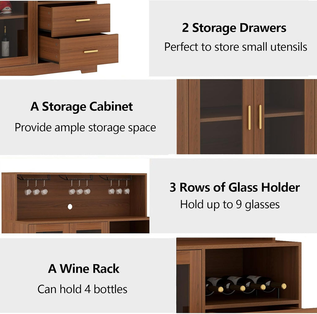 Bar Cabinet with LED Light,Coffee Bar Cabinet w/ Wine & Glass Rack | Kitchen Buffet Sideboard with Storage