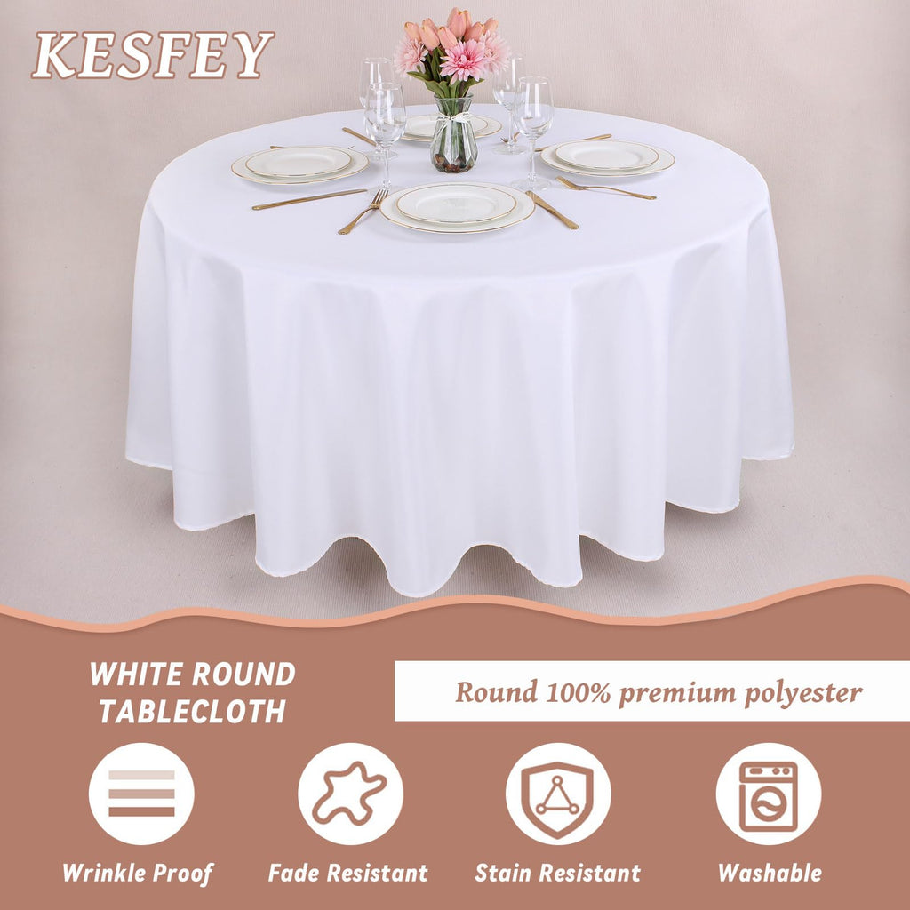 108 Inch Round Tablecloth White Polyester Fabric Table Covers 6 Pack
