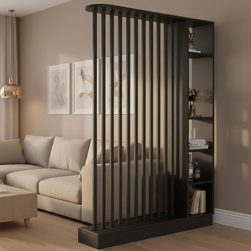 Freestanding Wall Room Divider with Shelves, Black, 55.1x9.4x78.7in