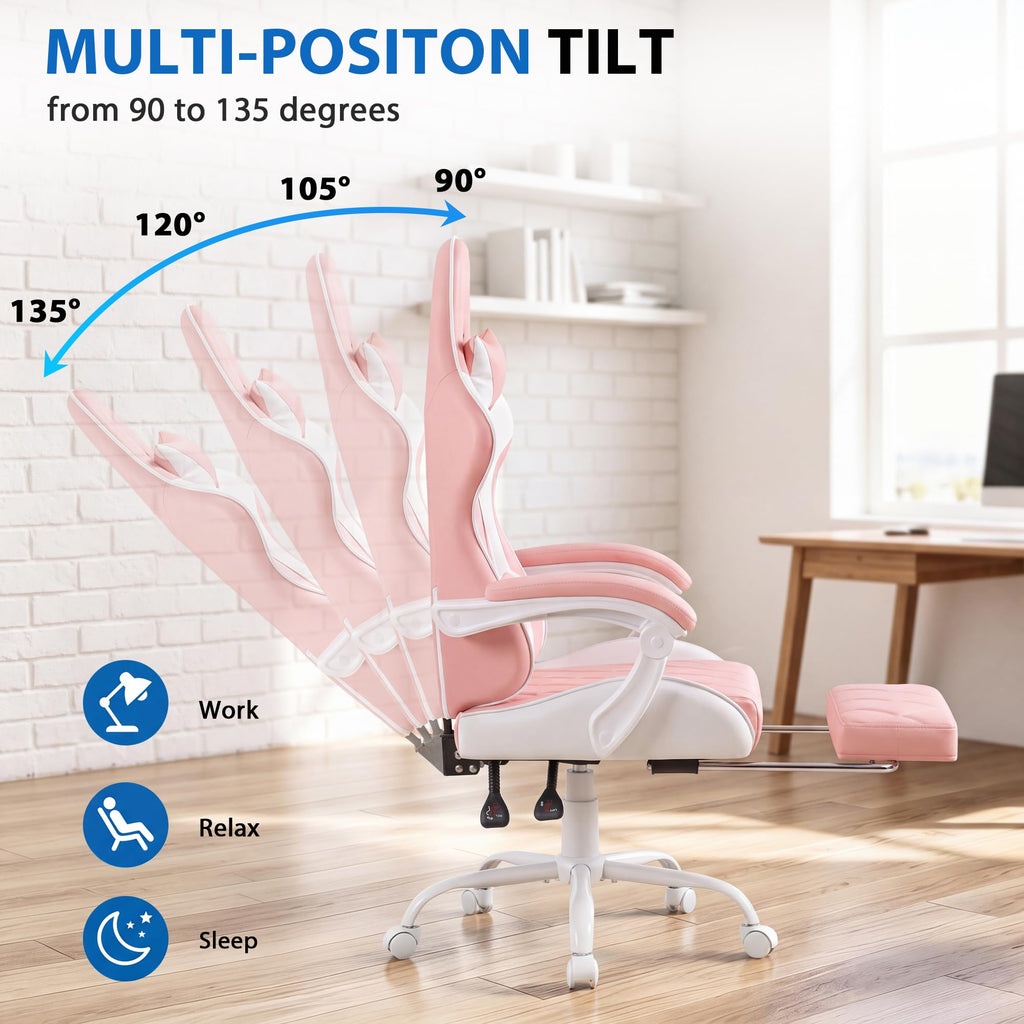 Ergonomic Gaming Chair Footrest & Massage Lumbar Support, Pink