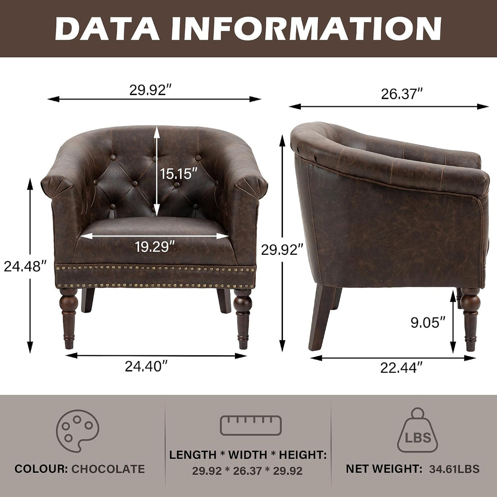 PU Leather Barrel Club Chairs, Modern Accent Chair, Chocolate - Set of 2