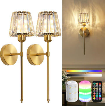 Battery Operated Crystal Wall Sconce Set of 2, Gold Rechargeable Wireless Wall Sconces with Remote Dimmable 12 Colors
