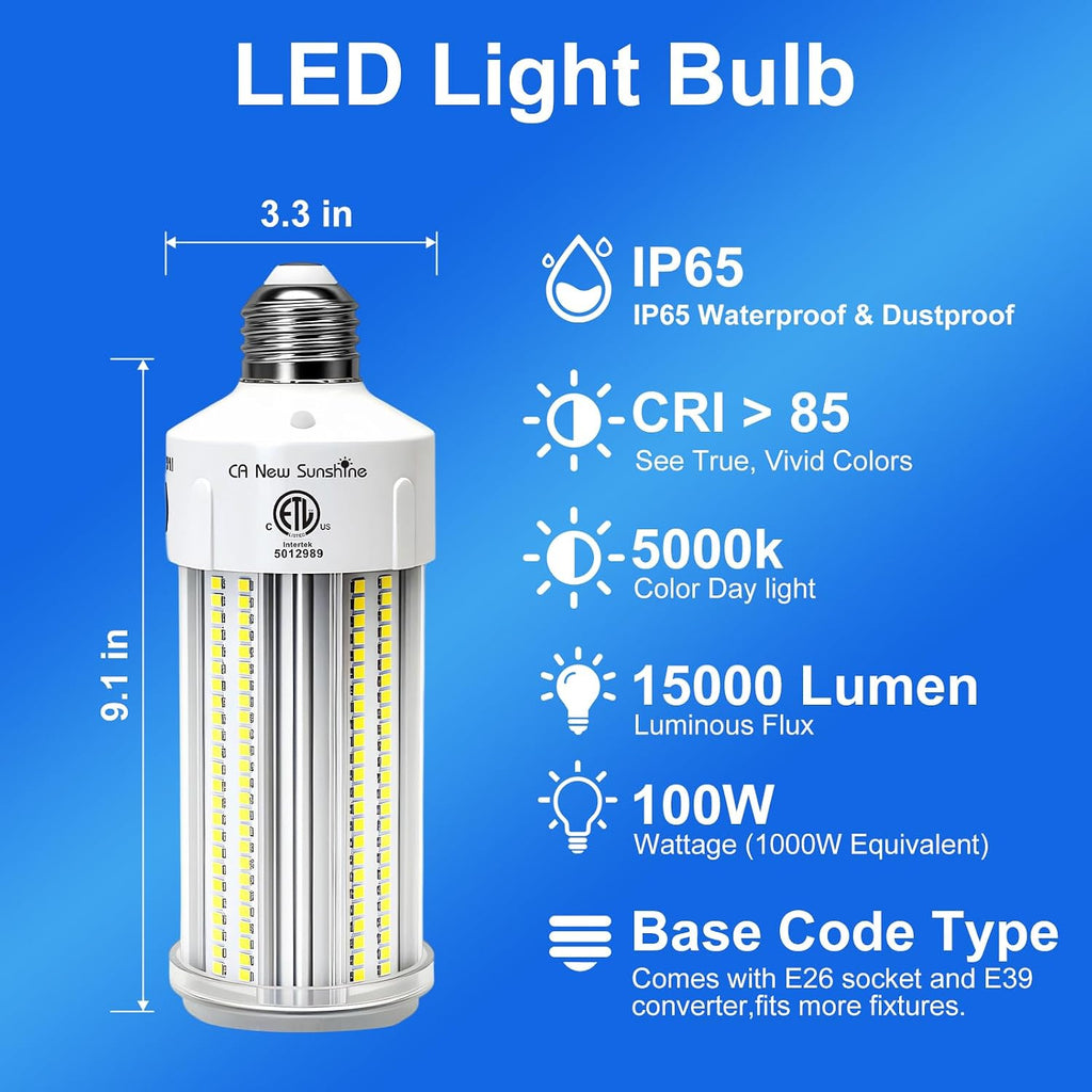 1000W Equivalent LED Corn Light Bulb,2-Pack 100W 15000LM 5000K Daylight White, E26/E39 Base, High Brightness LED