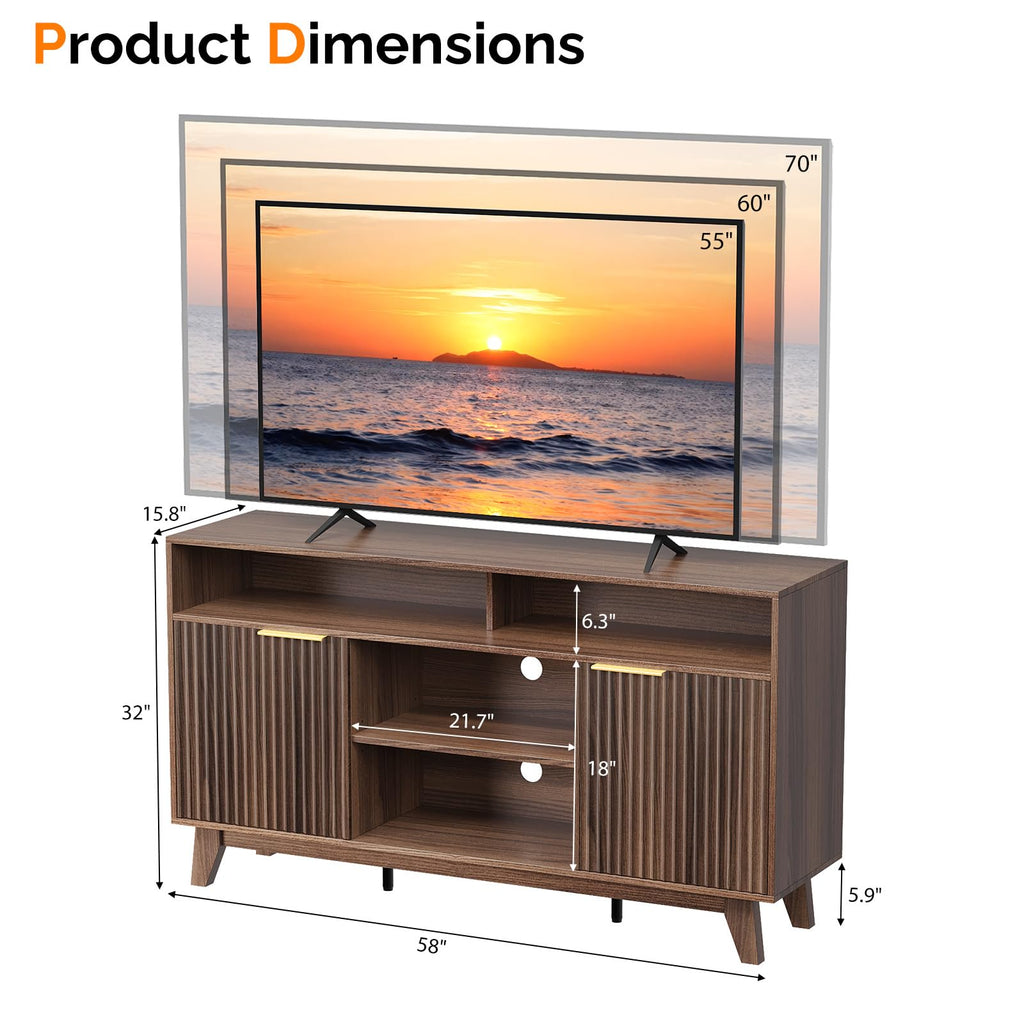 58" Fluted TV Stand with 4 Shelves and 2 Cabinets, Rustic Brown