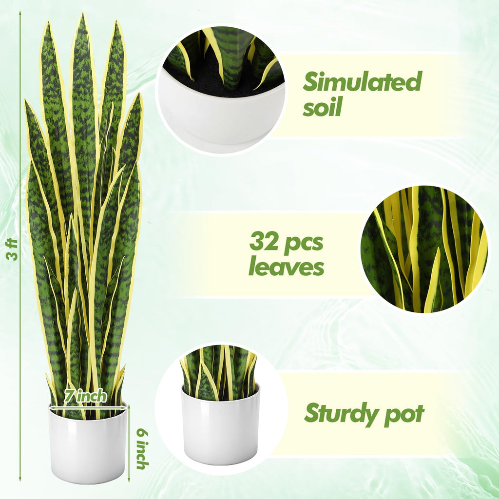 2 Pack 3.17 ft Tall Artificial Snake Plant Fake Sansevieria Plant Large Faux Snake Bulk in Pot Housewarming Gift