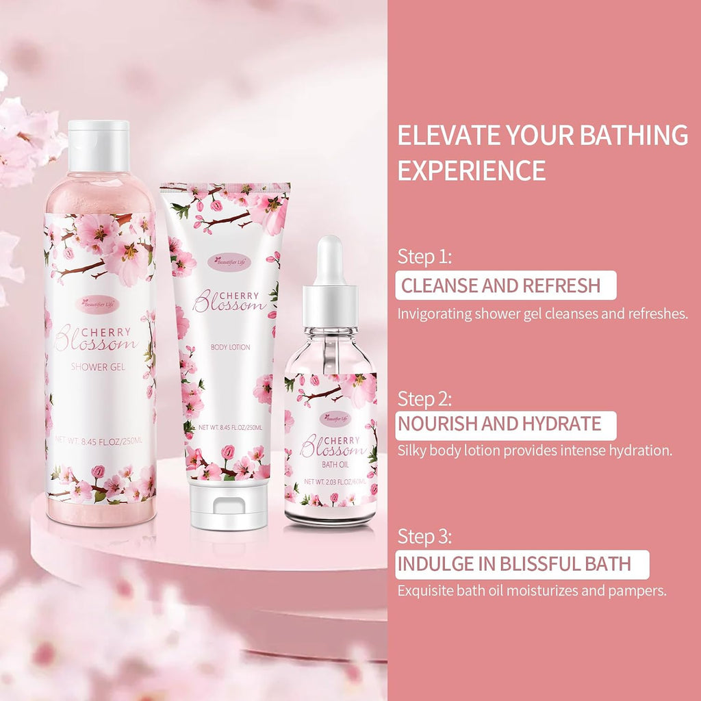 Bath and Body Gift Set for Women - Luxurious Home Spa Gift Set,Japanese Cherry Blossom 7-Piece Set Including Shower - Set of 7