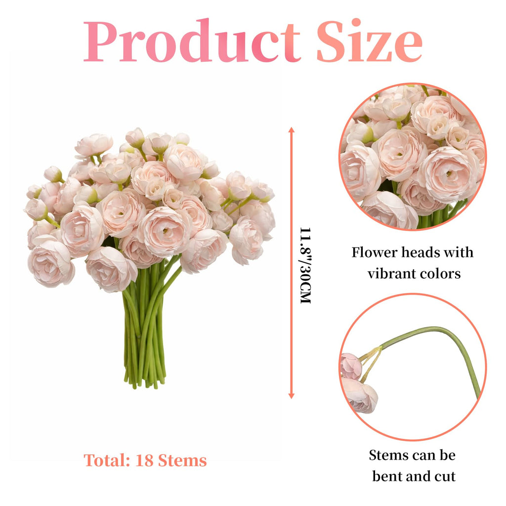 Ranunculus Artificial Flowers, 18 Pcs Faux Silk Mini Peonies Bulk Flowers for Vase, Spring Fake Wedding Filler