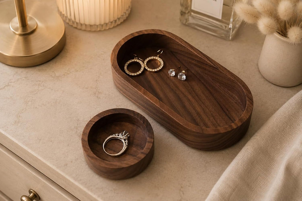 Black Walnut Oval Tray with Removable Round Dish - Solid Wood Jewelry Organizer, Ring Holder, Desk Valet, Minimalist