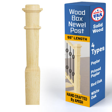 Poplar Box Newel Post 6.25" x 54.8", Hollow Box Newel Wood Balusters for Staircase Interior, Square Design, 3⁄4"